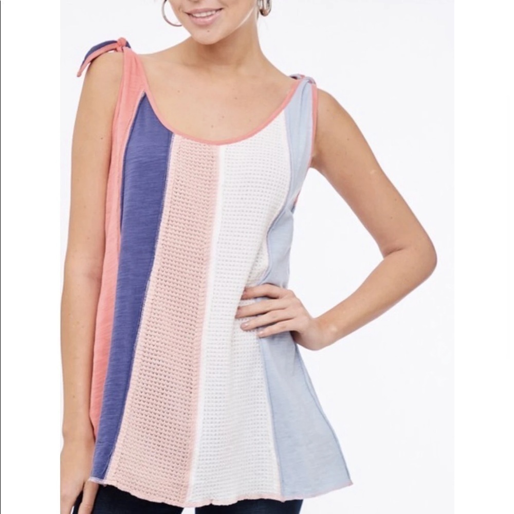 Striped Tie Multi Fabric Waffle Knit Cotton Tank